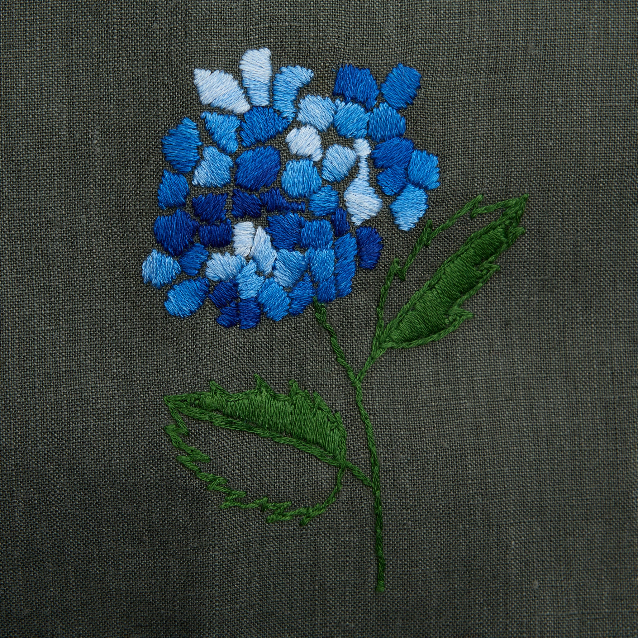 Tablecloth No. 20, hand-embroidered with blue hydrangeas